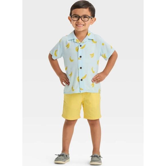 Cat & Jack Blue Banana Short Sleeve Button Down Challis Shirt Size 2T - Picture 6 of 7